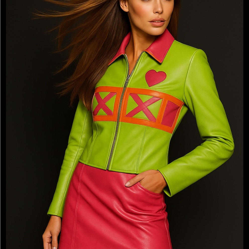 ✨Rare Vintage Escada Leather 💗💚Colorblock Jacket Skirt Set 90s Collector’s Piece